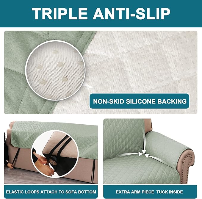 Turquoize 100% Waterproof Couch Cover Sofa Covers for 2 Cushion Couch Loveseat Covers Triple Non-Slip Couch Cover for Dogs Washable Furniture Protector Cover for Pets, Kids,Dog (Loveseat 54", Sage)