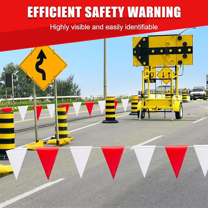 Heavy Duty Pennant Banner Flags with Warning Signs - Multipurpose 105FT OSHA Colored Safety Alert Flags for Party,Construction Sites, Industrial Zones, and Events(RED+WHITE,45pcs,105FT)