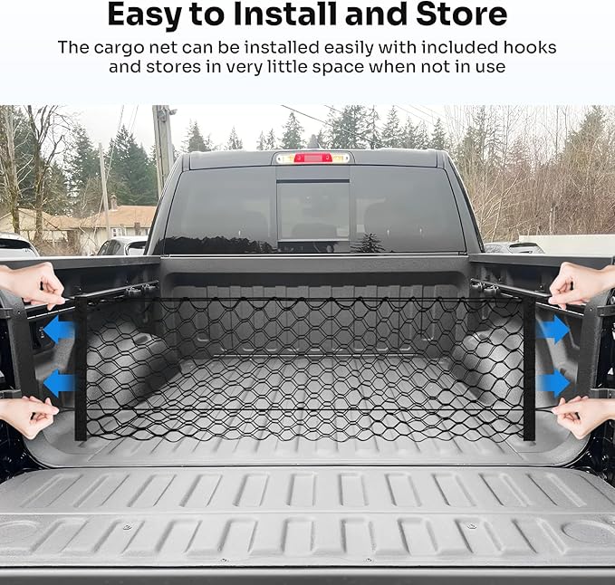 Truck Bed Cargo Net for 2019-2025 2026 Dodge Ram 1500 Accessories Envelope Style Mesh Trunk Net Organizer and Storage Stretchable Adjustable Elastic Nylon Rear Cargo Netting with Hooks