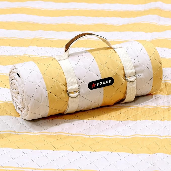 HX&OD Extra Large Picnic Outdoor Blanket, 80”x60” Waterproof Picnic Mat Foldable Camping Blanket Portable with Carry Strap for Beach Mat Outdoor Camping Party(Yellow)