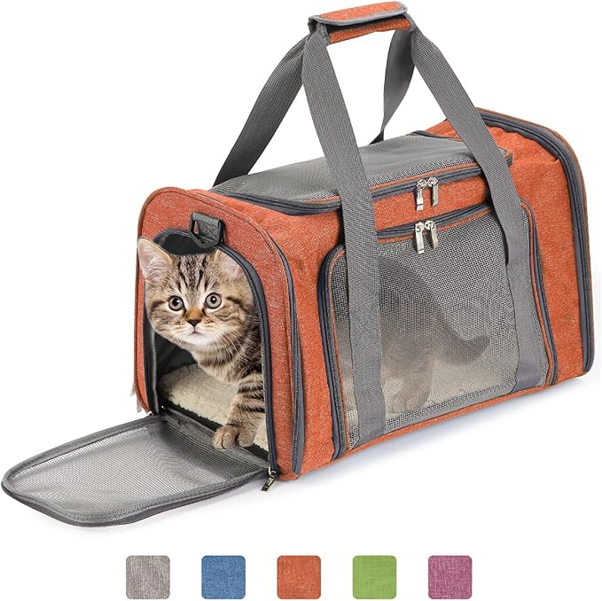 Mr. Pen- Pet Carrier, 17.5" x 11.2" x 11.5", Medium Size, Orange, Portable Travel Carrier for Small Pets, Cats & Small Dogs, Breathable Mesh, Safety Inner Leash, Side Pocket & Padded Shoulder Strap