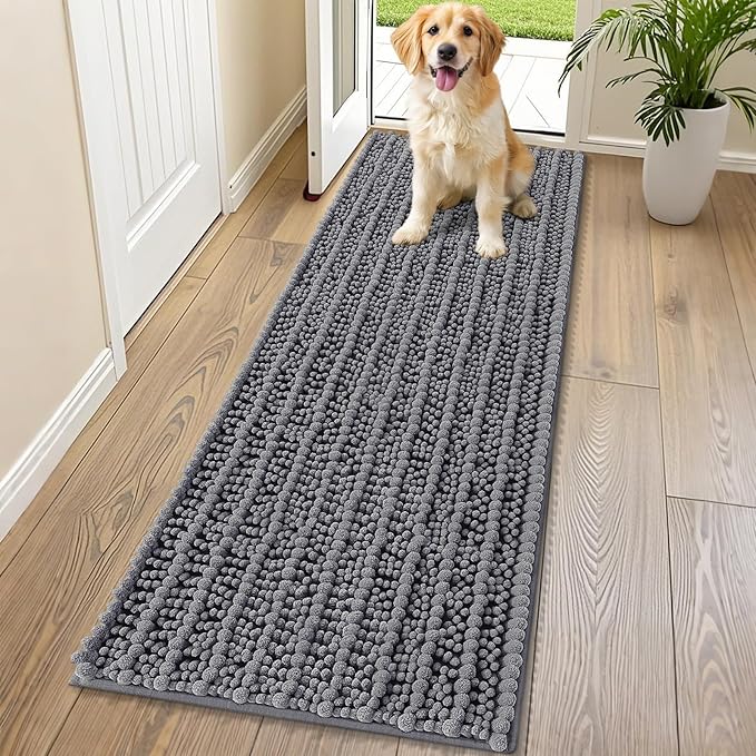Smiry Dog Door Mat for Muddy Paws 70x24, Extra Soft Absorbent Chenille Doormat, Trap Moisture and Dirt, Non-Slip Machine Washable Front Door Mat for Indoor Entrance Inside Floor, Dark Grey