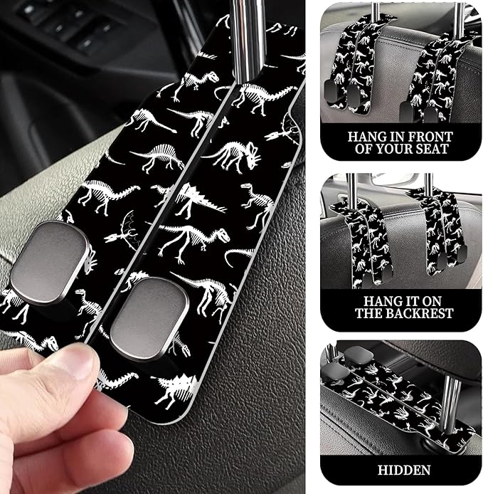 PU Leather Car Seat Hook, Storage Headrest Hanger, Cute Car Backseat Organizer, Car Hooks For Purses and Bags Black White Dinosaur
