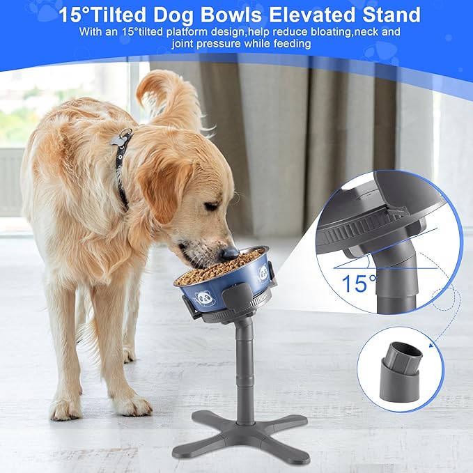 Dog Bowls Elevated Adjustable Stand, Raised Bowl with 4 Heights & Tilted Feeding Stand, Compatible with Various Bowls, for Medium & Large Breeds(with Bowl) Grey