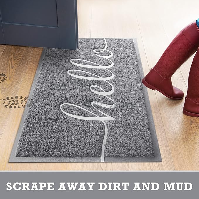 Door Mat Hello Mats Outdoor Indoor Non-Slip Doormat for Entryway Low-Profile Floor Mat for Yard, Garage, High Traffic Areas (36"x24", Grey)