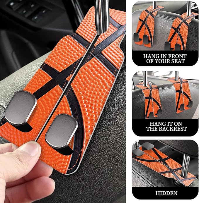 PU Leather Car Seat Hook, Storage Headrest Hanger, Cute Car Backseat Organizer, Car Hooks for Purses and Bags Basketball Texture