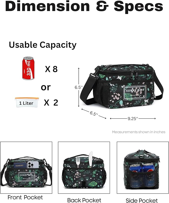 SUNNY BIRD Insulated Lunch Bag with Foldable and Leakproof Design, Thermally Insulated, Shoulder Strap for Women, Men and Teen (Floral & Foliage)