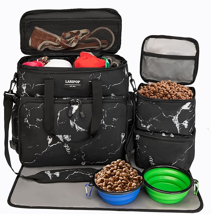 LARIPOP Dog Travel Bag,Weekend Pet Travel Bag Set,Airline Approved Tote,Multi-Function Dog Bags for Traveling,Include 2 Collapsible Bowls,2 Food Storage Containers,1 Feeding Mat,Marble