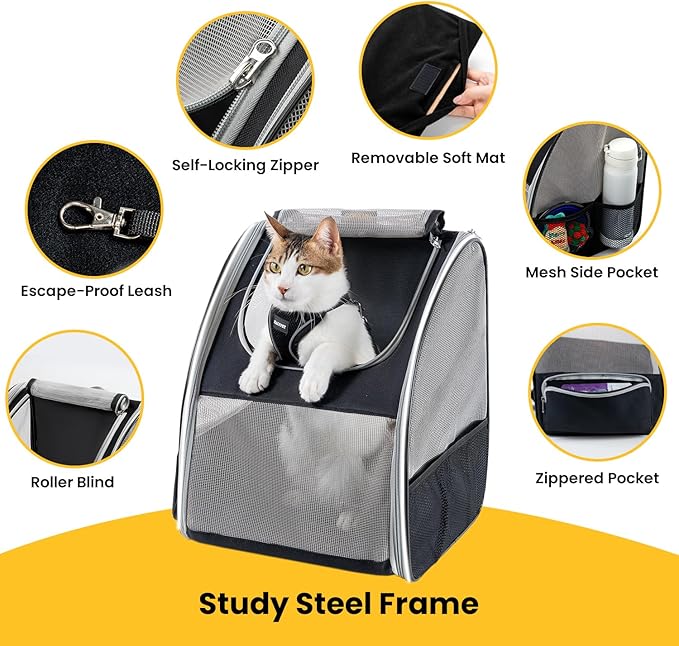 Conlun Cat Backpack Carrier for Small Dogs and Cats Fit Up to 15 Lbs,Small Dog Backpack, Foldable with 3-Side Mesh Windows, Pet Carrier for Travel & Hiking Friendly，Gray
