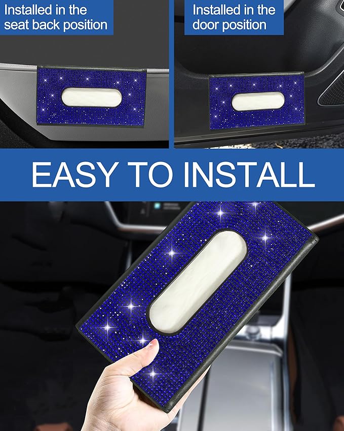 Bling Car Sun Visor Tissue Box Holder,PU Leather with Bling Crystal Rhinestones Tissue Holder,Car Accessories for Women (Blue)
