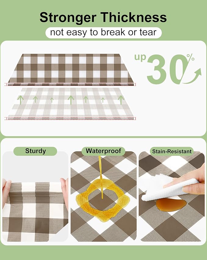 Smiry 12 Packs Gingham Disposable Table Cloth, 54 x 108 Inch Waterproof Plastic Tablecloth, Rectangle Brown and White Checkered Table Covers for Picnic, Birthday, Party