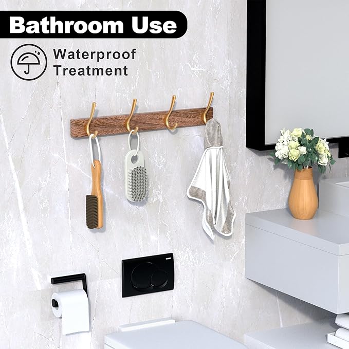 IURRDOP 17 Inch Walnut Wood Wall Mounted Coat Rack with 4 Gold Double Hooks, Adhesive Mounted Entryway Hooks, Modern Natural Wooden Pegs for Hanging Coat Clothes Hat Bag Purse Key and Towel