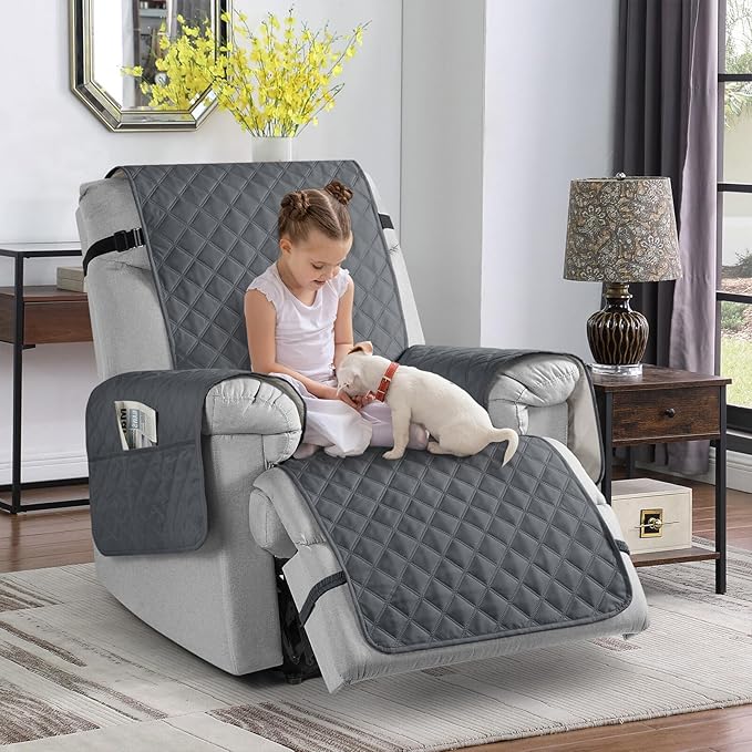 TAOCOCO 100% Waterproof Recliner Chair Cover Non-Slip Reclining Cover for Recliner Chair Washable Chair Seat Cover with Elastic Straps for Pets Sofa Slipcover with Pocket (Oversized 28'', Dark Grey)