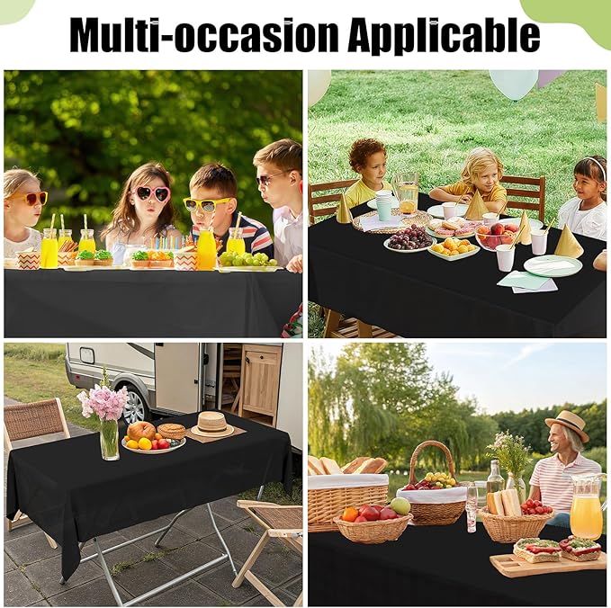 Smiry Disposable Table Cloth 12 Pack, 54 x 108 Inch Waterproof Plastic Tablecloth, Decorative Rectangle Table Covers for Party, Birthday, Picnic, Black
