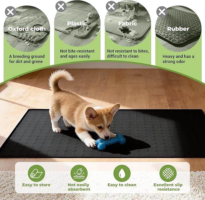 Extra Large 34x22 Inch Machine Washable Silicone Pet Food Mat - Waterproof Dog & Cat Bowl Mat with Raised Edge, Non-Slip Floor Protector for Large Dogs, Multi-Pet Homes (Black)