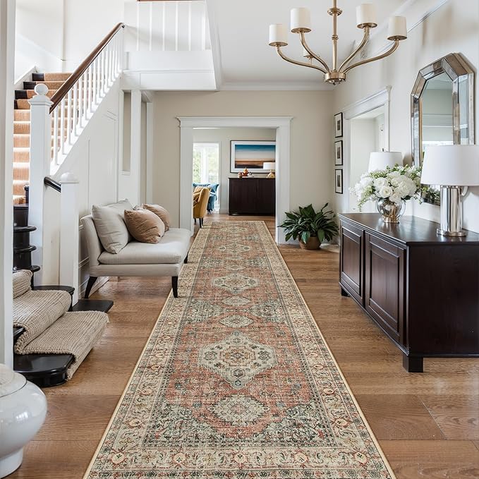 Lahome Oriental Kitchen Runners for Hallways, 2.5x12 Washable Runner Rug Non Slip, Soft Hallway Rug Distressed Ultra-Thin Long Carpet for Bathroom Entryway ‎Bedroom Eleanor, Peach/Orange