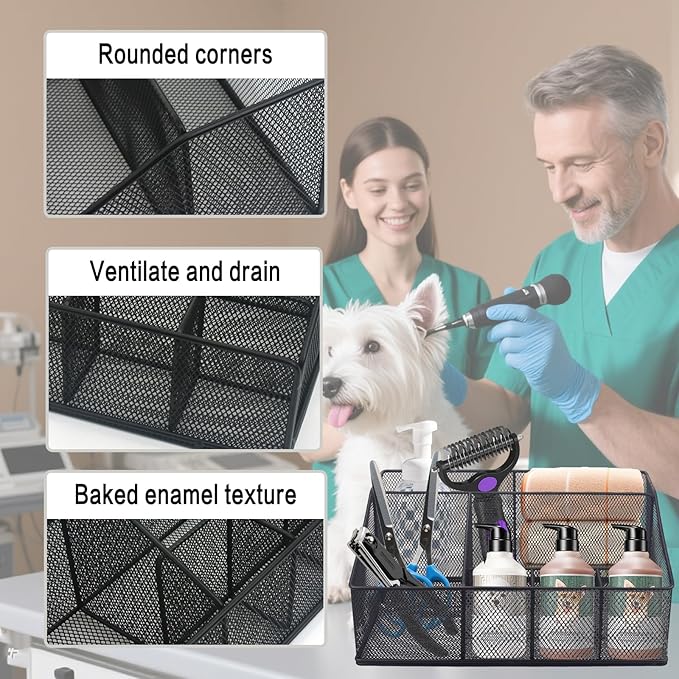 Universal Pet Grooming Supplies Organizer, 6-Compartment Mesh Wire Dog Storage Organizer for Grooming Supplies, Cat Blanket, Shampoo, Trimmer, Clipper, Brush