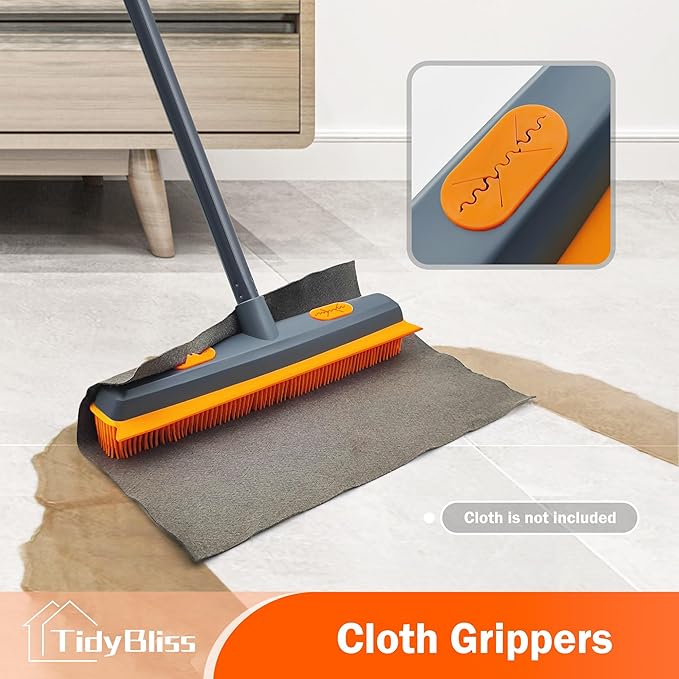 TidyBliss Pet Hair Removal Broom, 57.5 inches Rubber Brush Carpet Rake with Silicone Squeegee, Fur Remover Tool with Detailing Lint Comb for Cleaning Rug, Tile, Hardwood Floor (Gray Orange)