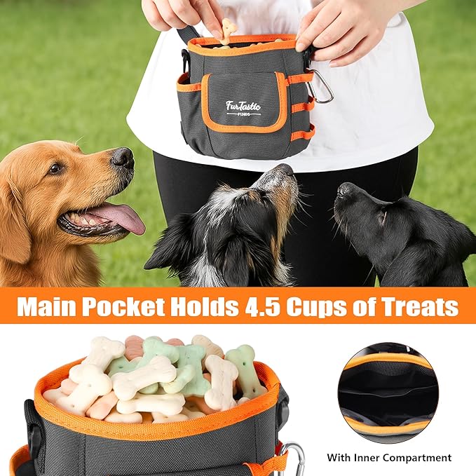 Upgraded Dog Treat Pouch with Quick-Release Magnetic Closure, 3-Way Wear Treat Bags, 900D Waterproof Fabric, 4 Storage Spaces, Treat Pouch for Pet Training Walking (Dark Grey)