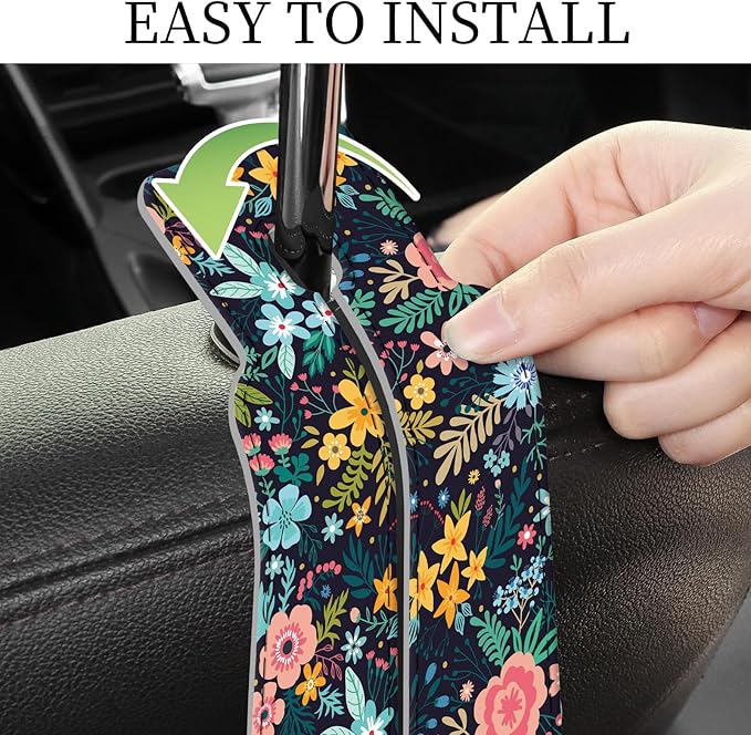 PU Leather Car Seat Hook, Storage Headrest Hanger, Cute Car Backseat Organizer, Car Hooks For Purses and Bags Dark Floral Pattern