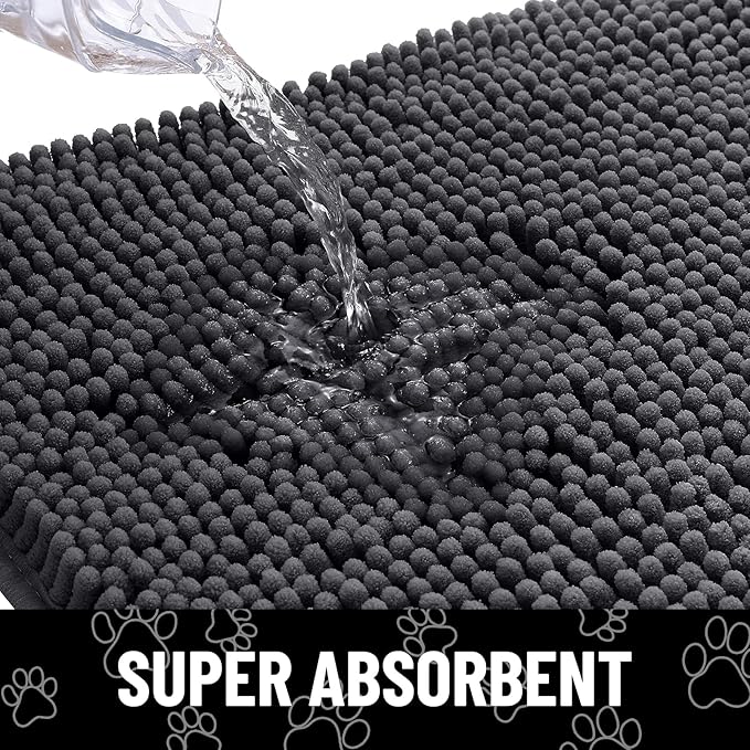 Smiry Dog Door Mat for Muddy Paws, Absorbent Dirt Trapper Non Slip Quick Dry Washable Chenille Mat for Mud Dogs, Entry Rug for Indoor and Outdoor (59x35 Inches, Dark Grey and White)