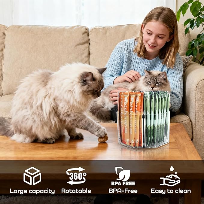 Lickable Cat Treats Organizer, Lazy susan Acrylic Squeeze Up Cat Food Storage Container, Essential storage for pet treats, Wet Cat Treats Storage for Kitchen Cabinet Pantry Shelf Countertop(Rhombus)