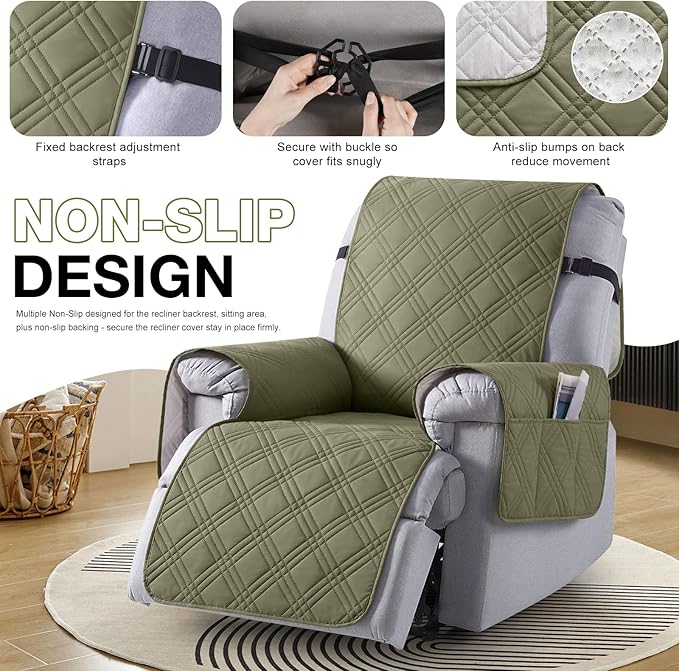 TAOCOCO 100% Waterproof Recliner Chair Covers, Non Slip Recliner Covers for Recliner Chair with Pocket, Washable Reclining Chair Cover Furniture Protector for Kids,Dogs(22'', Green)