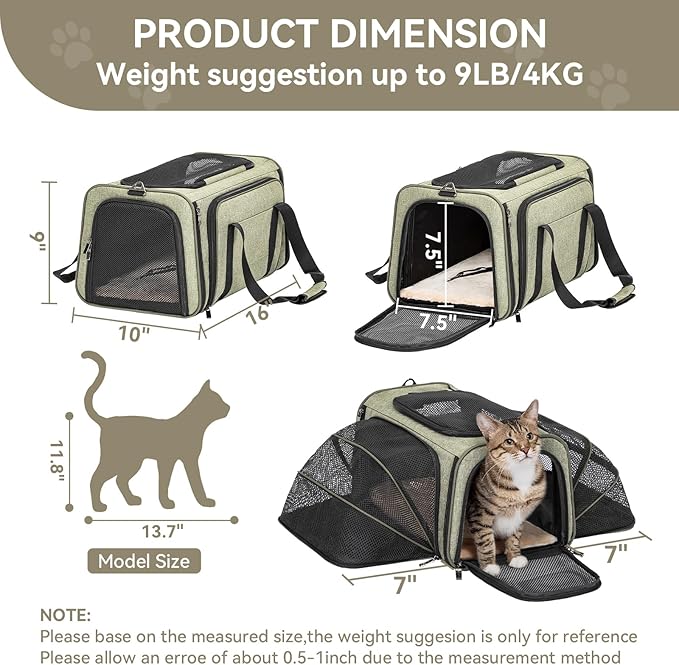 Petsfit Expandable Rabbit Carrier Bunny Carriers, 16 Inch Airline Approved Pet Carrier with 2 Extensions, Soft Washable Cushion, Self-Locking Zipper Head, Built-in Safety Rope, Fit for Travel