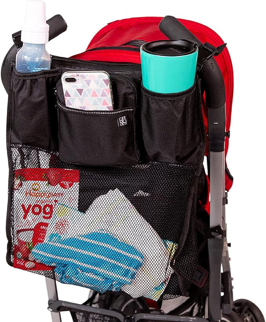 J.L. Childress Cups 'N Cargo Universal Stroller Caddy Organizer - Essential Travel Accessories for Baby Stroller, Includes Cup Holders & Mesh Storage Bag, Fits UPPAbaby, Doona, Nuna, & More - Black