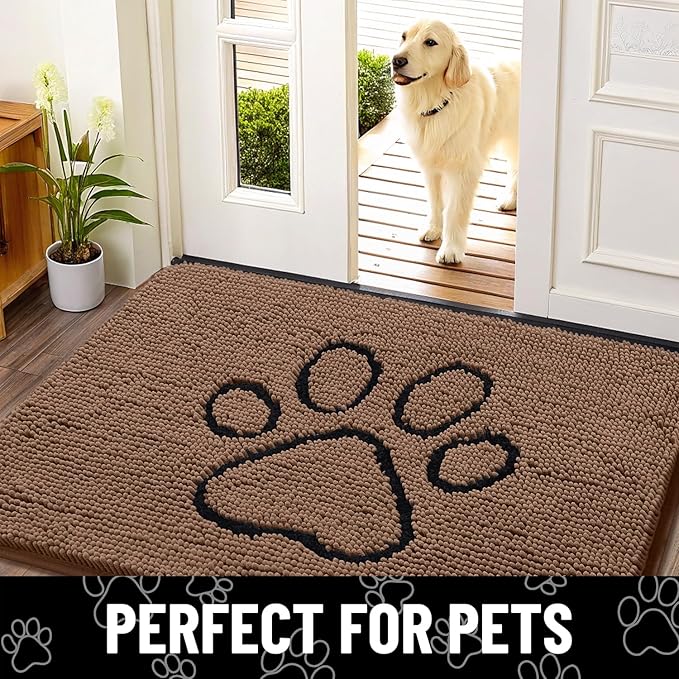 Smiry Dog Door Mat for Muddy Paws, Absorbent Dirt Trapper Non Slip Quick Dry Washable Chenille Mat for Mud Dogs, Entry Rug for Indoor and Outdoor (47x24 Inches, Coffee and Black)