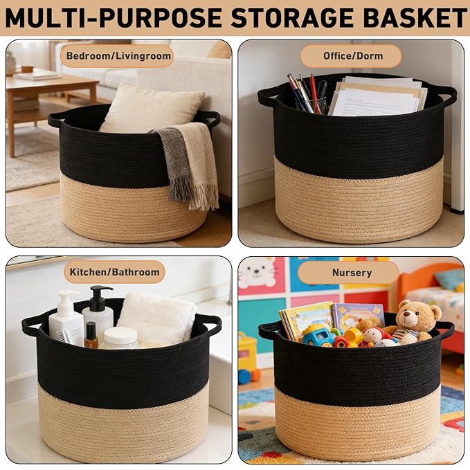 65L Extra Large Woven Cotton Rope Blanket Basket with Handles, Laundry Hamper Storage Bin for Pillows, Comforters,Clothes, Toys, Nursery, Bedroom and Living Room Organization,Black&Camel