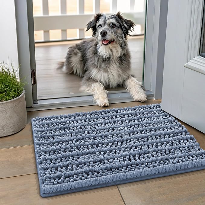 Smiry Dog Door Mat for Muddy Paws 24x16, Extra Soft Absorbent Chenille Doormat, Trap Moisture and Dirt, Non-Slip Machine Washable Front Door Mat for Indoor Entrance Inside Floor, Airy Blue