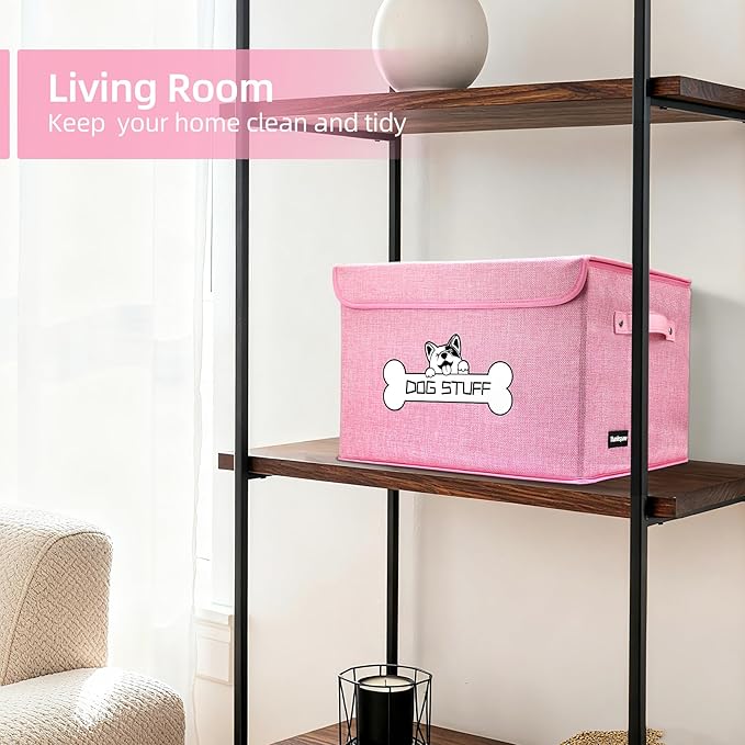 Thankspaw Fabric Dog Toy Box with Lid, Collapsible Storage Bin, Basket Organizer with Handle for Dog Toys, Blankets and Accessories, Pink