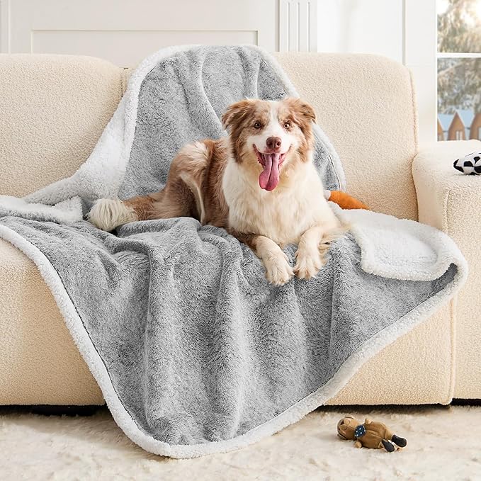 Dog Blanket Waterproof, Reversible Faux Fur & Sherpa Pet Throw for Couch & Sofa Protection, Soft Plush Dog Blankets for Large Dogs, 50"x60", Light Grey