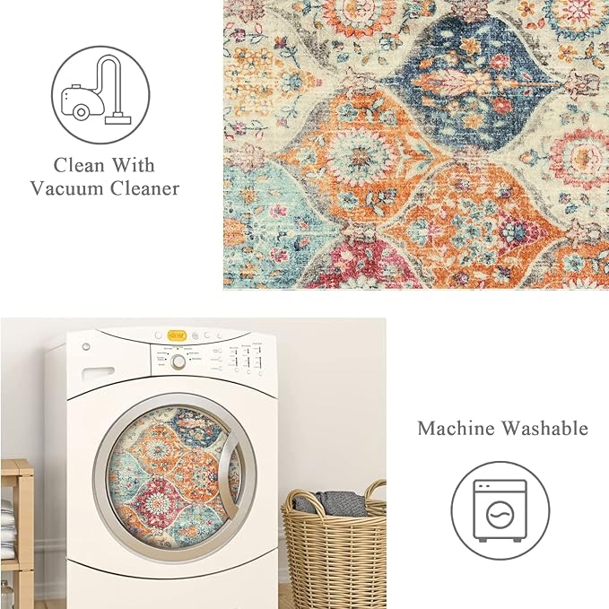 Lahome Moroccan Washable Kitchen Runner, 2x7 Runner Rug with Rubber Backing Non Slip, Vintage Hallway Rug Throw Carpet for Hallways Bedroom Laundry Room Entryway Elise, Cream/Multi