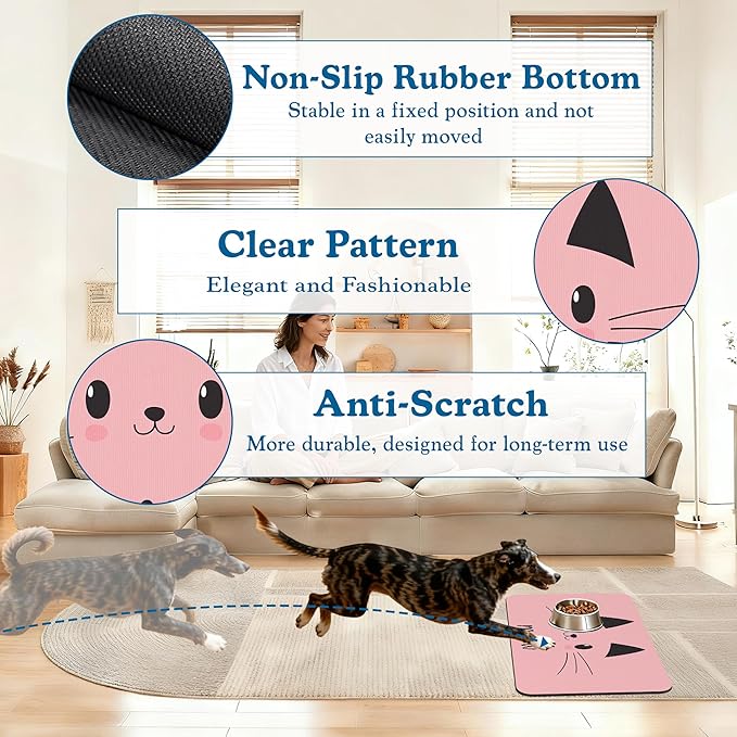 Pink Cat Dog Food Mat–Christmas Stocking Absorbent Quick Dry Feeding Placemat for Food and Water Bowls, Non Slip Rubber Backing, Waterproof Pet Supplies for Mess-Free Eating 12"x20"