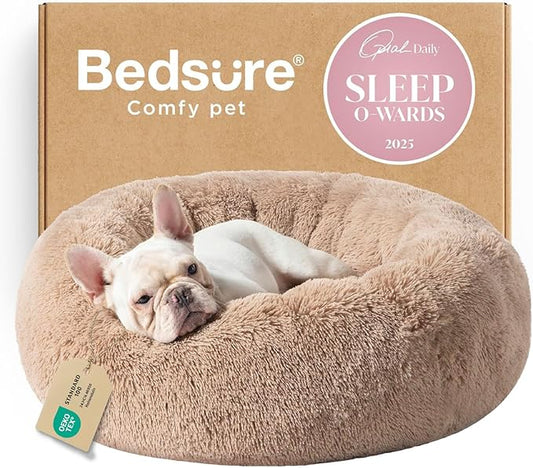Bedsure Calming Dog Bed Medium Size Dog - Donut Washable Medium Pet Bed, 30 inches Anti-Slip Round Fluffy Plush Faux Fur Cat Bed, Fits up to 45 lbs Pets, Camel