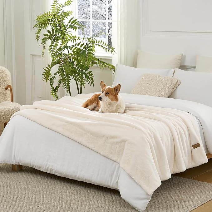 COZY KISS Faux Fur Throw Blanket Twin, Ultra Soft Waterproof Pet Blanket, Cozy Warm Plush Blanket for Bed Sofa Bedroom Living Room, Liquid Pee Proof for Large Dog or Cat, 60x80 inch, Beige