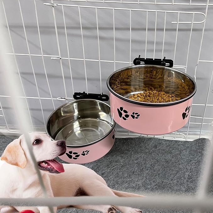 Dog Crate Food and Water Bowl 2Pcs Small Pet Hanging Kennel Removable Dish Feeding Cup with Holder for Medium Large Size Puppy Cat (Pink, 6.3''X2.5''&7.1‘’X2.7'')