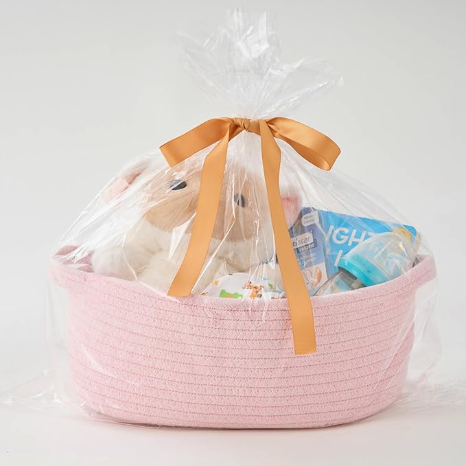 Small Woven Gift Basket Empty with Bag & Ribbon - Gifts for Mom, Baby Shower, Birthdays & Raffle - Cotton Rope Storage Basket for Dog Toys or Shelf - 12"x8"x5", Pink, 2 Packs