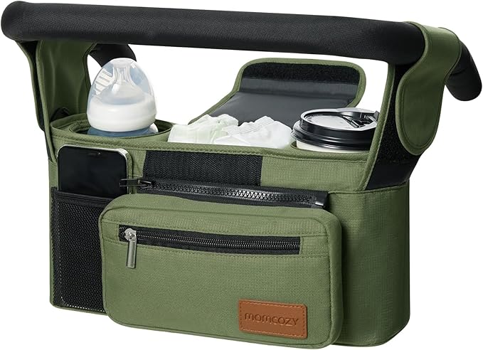 Momcozy Universal Baby Stroller Organizer, 2 Insulated Cup Holder, Detachable Zippered Pocket, Adjustable Shoulder Strap, Large capacity for baby essentials, Compact Design Fits Any Strollers
