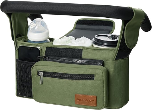 Momcozy Universal Baby Stroller Organizer, 2 Insulated Cup Holder, Detachable Zippered Pocket, Adjustable Shoulder Strap, Large capacity for baby essentials, Compact Design Fits Any Strollers
