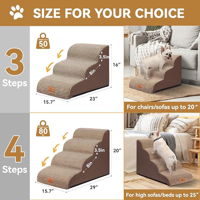 Zerbuger Dog Ramp and Stair for Bed 16" H-20 H,3-Step Cat Stair for Sofa and Chair,4-Step Dog Ramp for High Bed and Window,Durable Nonslip Fabric Cover for Indoor (Coffee-16 H, Pet Friendly, 3)