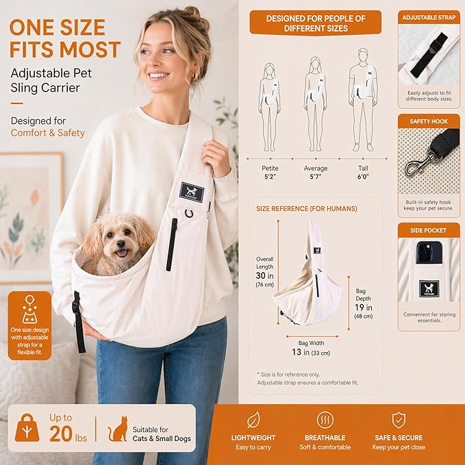 Pet Sling Carrier for Small Dogs and Cats 5-20lbs, Dog Sling with Adjustable Depth, Breathable Air Mesh Puppy Travel Bag, Water Resistant Fabric, Double Safety Leash, Machine Washable,Apricot