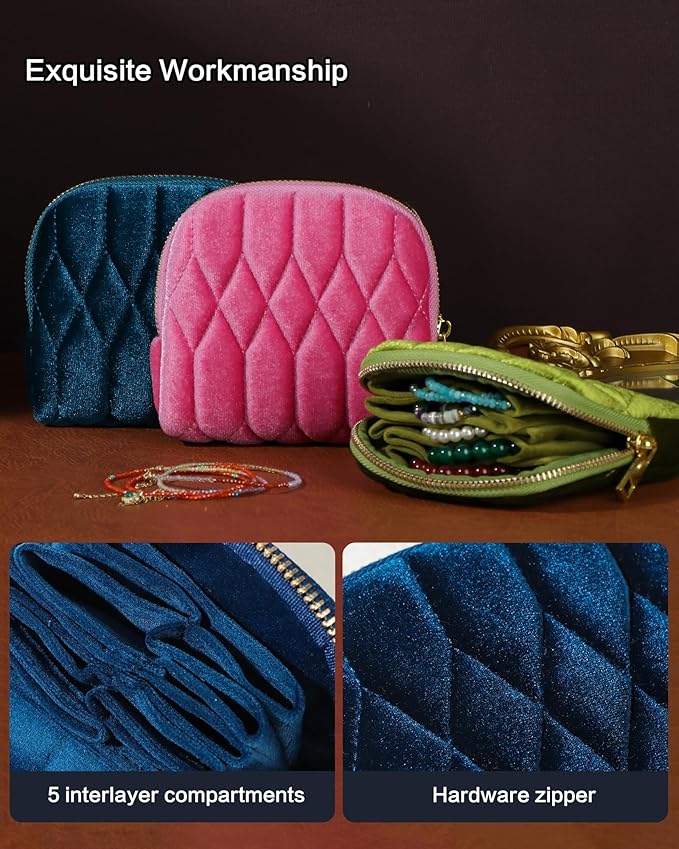 Small Travel Jewelry Case, Mini Travel Jewelry Bag with Zipper, 5-Layer Velvet Organizer Pouch for Bracelet Rings Earrings - Diamond Stitched Velvet Teal Blue