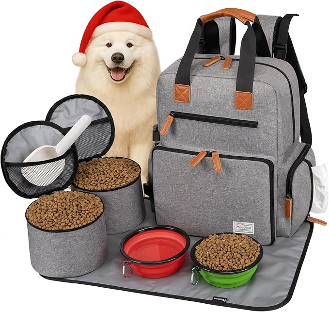 Modoker Dog Travel Bag, Airline Approved Backpack for Pet Accessories Organizer, Tote Weekend Bag with 2 Food Storage Containers, 2 Collapsible Dog Bowls, 1 Pet Mat, Grey