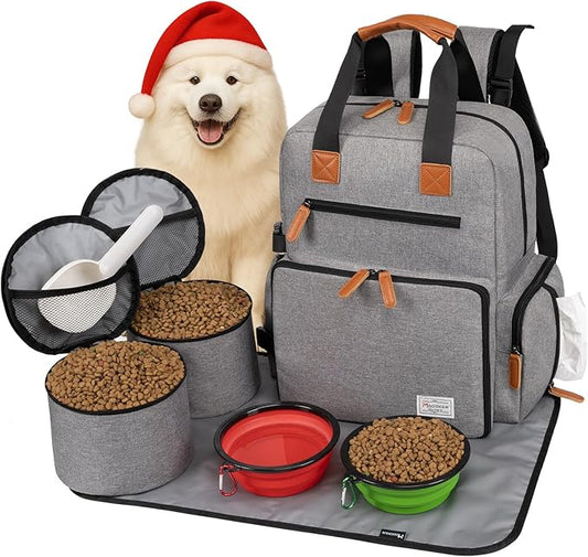 Modoker Dog Travel Bag, Airline Approved Backpack for Pet Accessories Organizer, Tote Weekend Bag with 2 Food Storage Containers, 2 Collapsible Dog Bowls, 1 Pet Mat, Grey