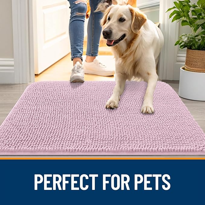 OLANLY Dog Door Mat for Muddy Paws 54x32, Absorbs Moisture and Dirt, Absorbent Non-Slip Washable Doormat, Quick Dry Chenille Mud Mat for Dogs, Entry Indoor Entryway Carpet for Inside Floor, Dusty Rose