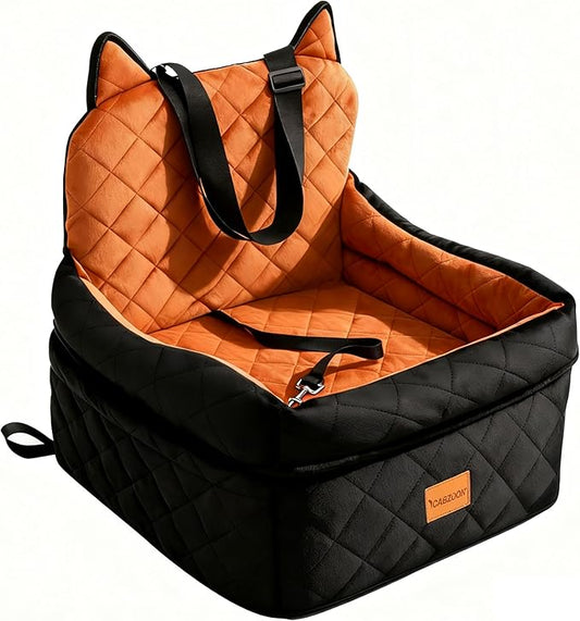 CABZOON Dog Car Seat for Small/Medium Dogs Up to 35lbs,Elevated Cushion Fits in Front/Back Seat,Travel Safety Per Car Bed with Washable Removable Cover, Storage 2 Pockets Black-Orange