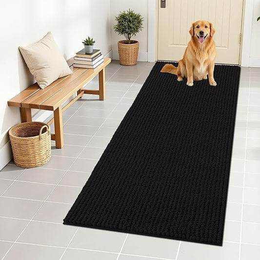 OLANLY Dog Door Mat for Muddy Paws 59x24, Ultra Absorbent Chenille Mud Doormat, Non-Slip Washable and Dirt Trapping Doormat for Indoor Entryway, Quick-Dry Indoor Pet Bed Mats for Dogs, Black